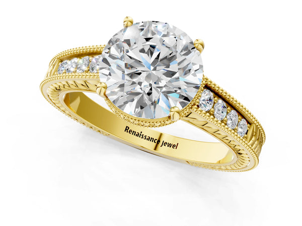 Yellow gold Round Cut Cut Diamond Milgrain Pave Band Four-Prong Setting Ring