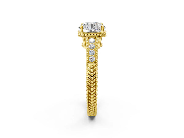 Yellow gold Round Cut Cut Diamond Milgrain Pave Band Four-Prong Setting Ring