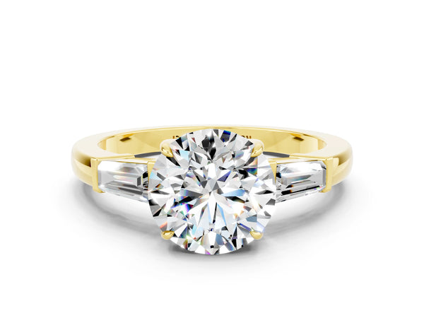 Yellow gold Round Cut Moissanite Three-Stone Ring with Tapered Baguette Side Stones and Prong Setting
