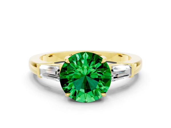 Yellow gold Round Cut Emerald Three-Stone Ring with Tapered Baguette Side Stones and Prong Setting