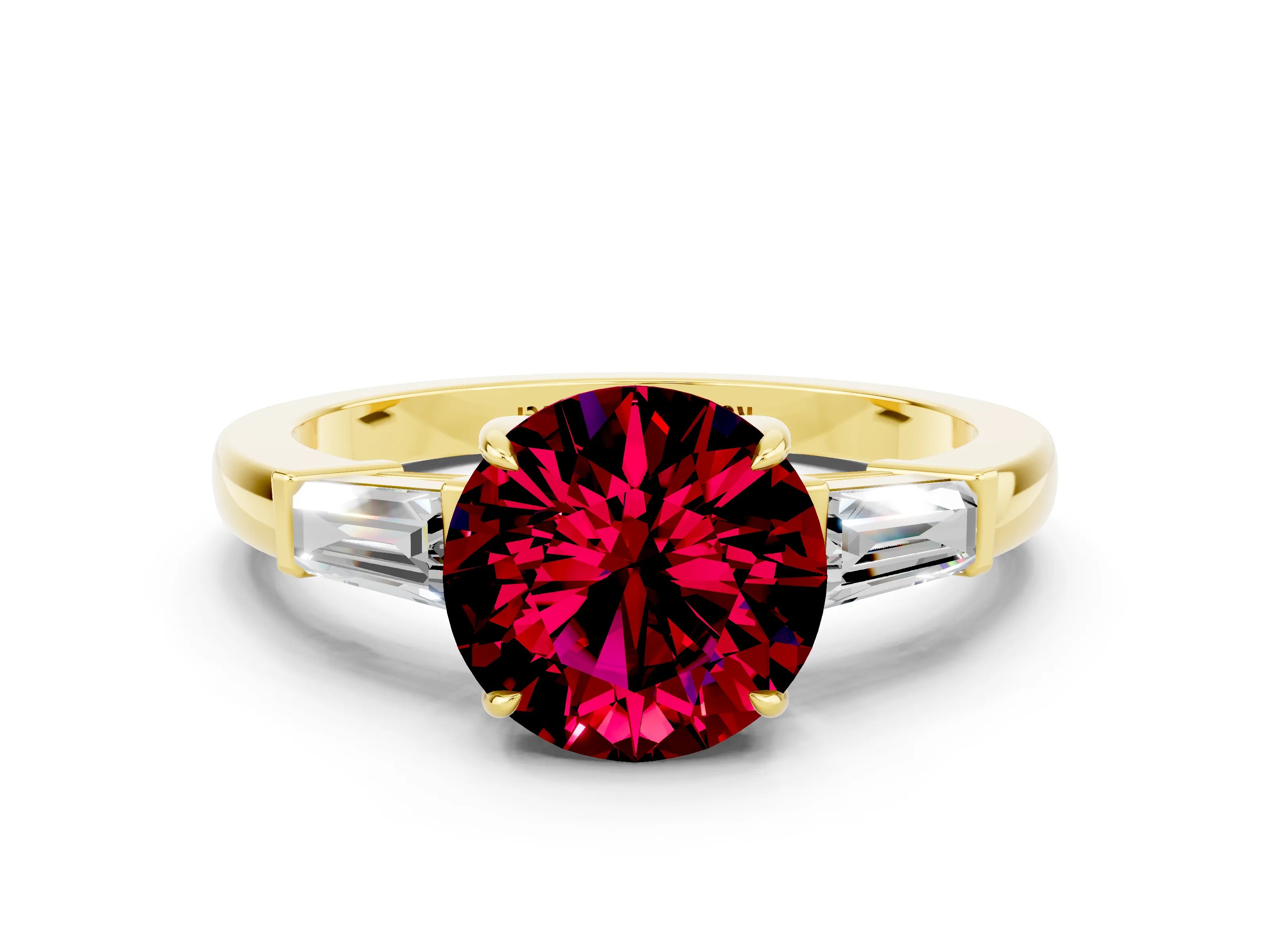 Yellow gold Round Cut Cut Diamond Ring with Tapered Baguette Side Stones in Four-Prong Setting