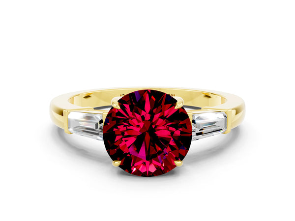 Yellow gold Round Cut Garnet Three-Stone Ring with Tapered Baguette Side Stones and Prong Setting