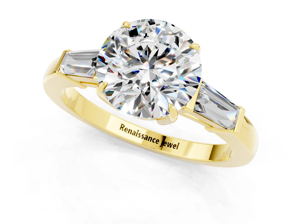 Yellow gold Round Cut Moissanite Three-Stone Ring with Tapered Baguette Side Stones and Prong Setting