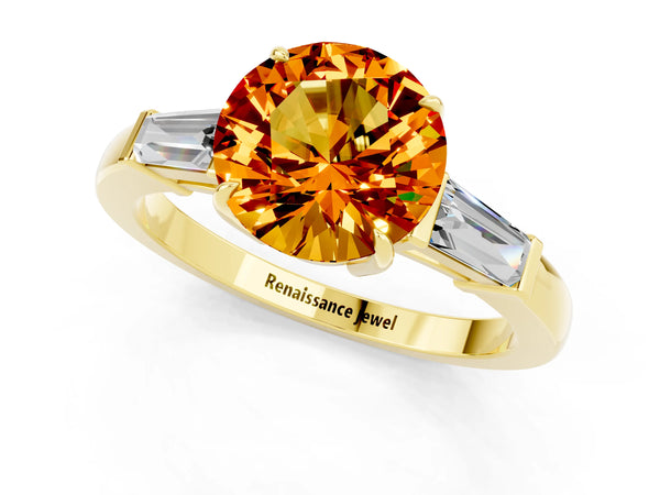 Yellow gold Round Cut Citrine Three-Stone Ring with Tapered Baguette Side Stones and Prong Setting