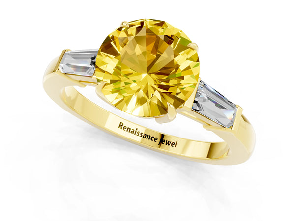 Yellow gold Round Cut Yellow Sapphire Three-Stone Ring with Tapered Baguette Side Stones and Prong Setting