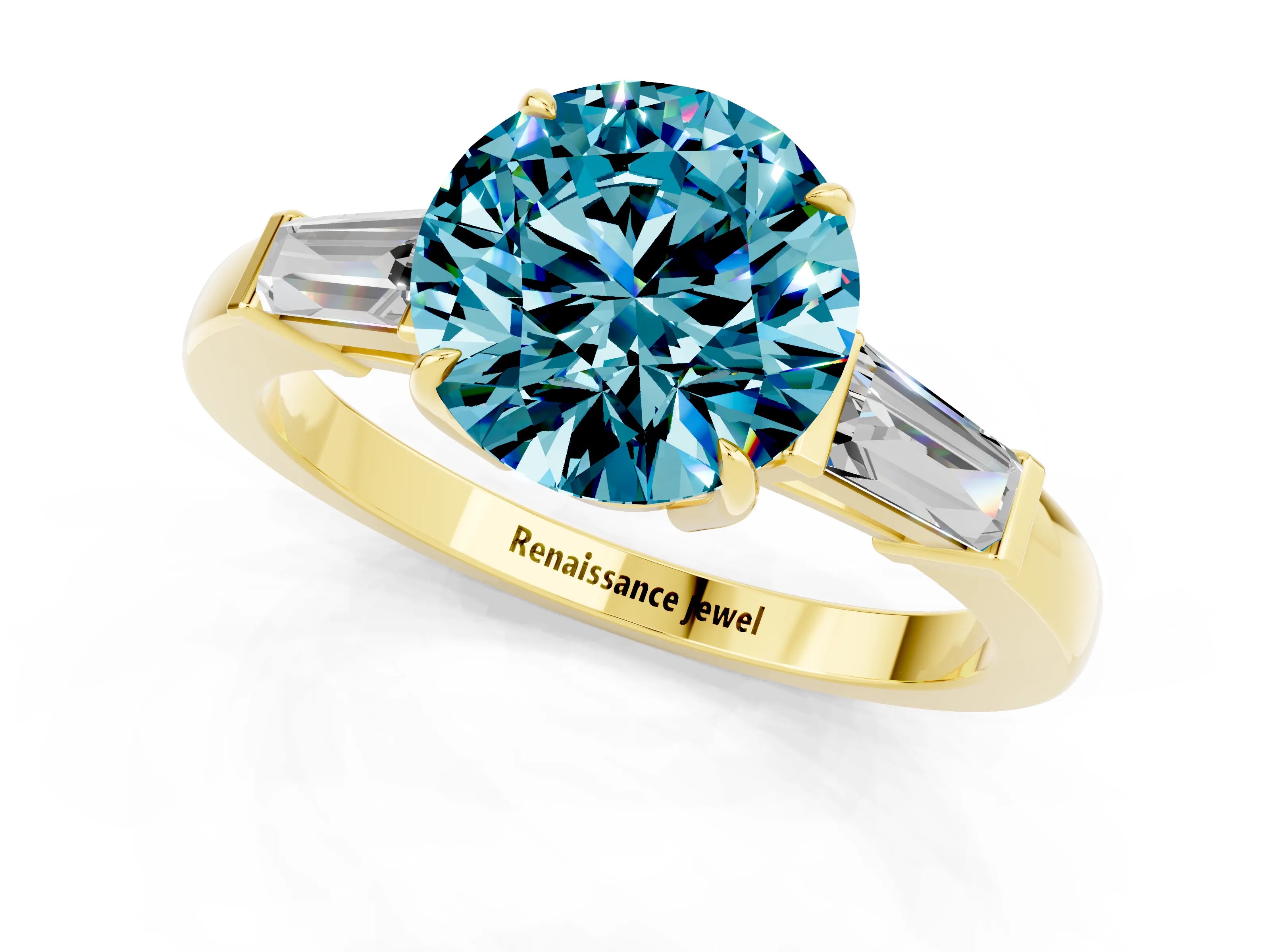 Yellow gold Round Cut Cut Diamond Ring with Tapered Baguette Side Stones in Four-Prong Setting_1