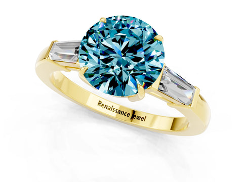 Yellow gold Round Cut Cut Diamond Ring with Tapered Baguette Side Stones in Four-Prong Setting_1