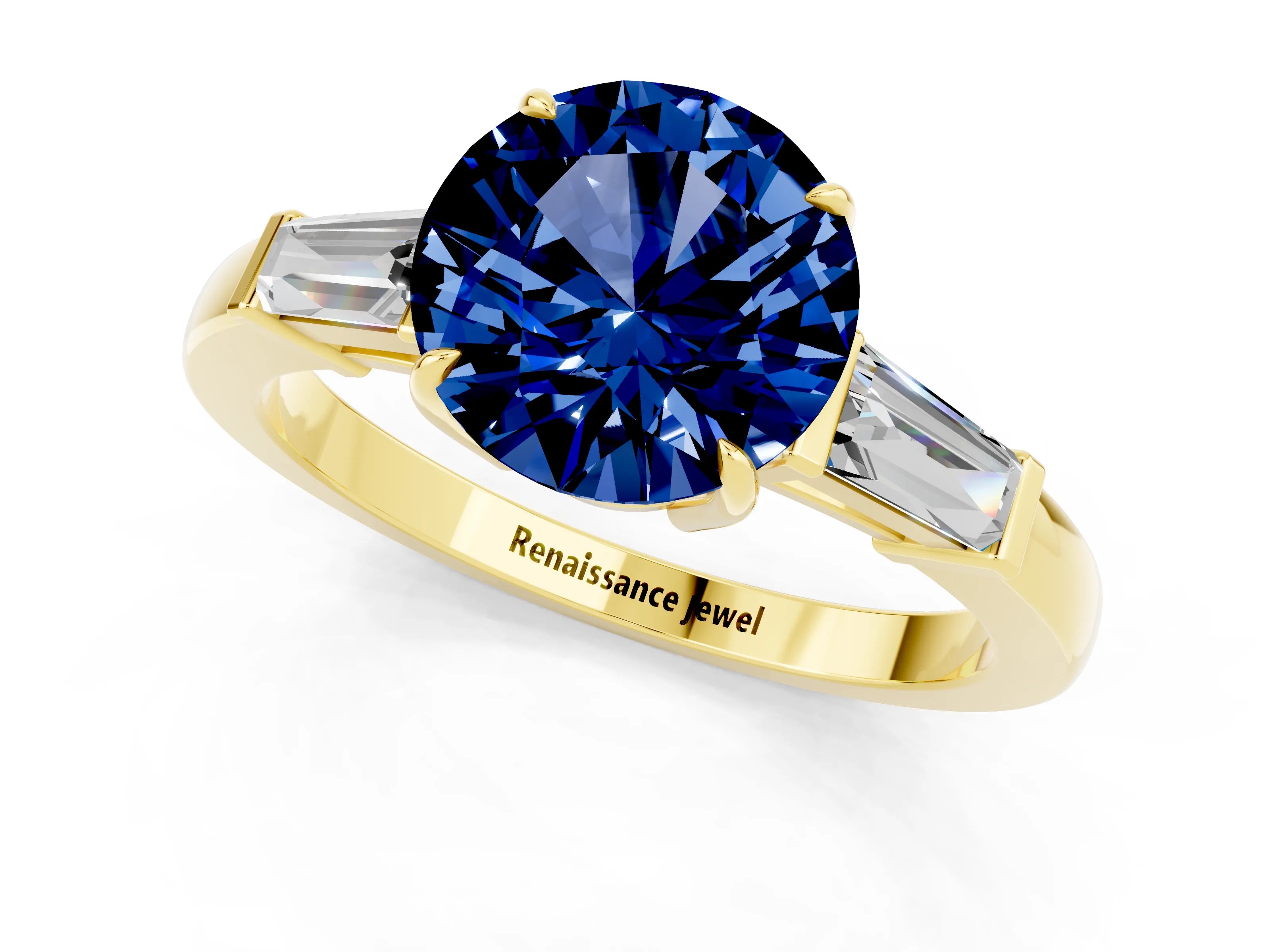 Yellow gold Round Cut Cut Diamond Ring with Tapered Baguette Side Stones in Four-Prong Setting_1