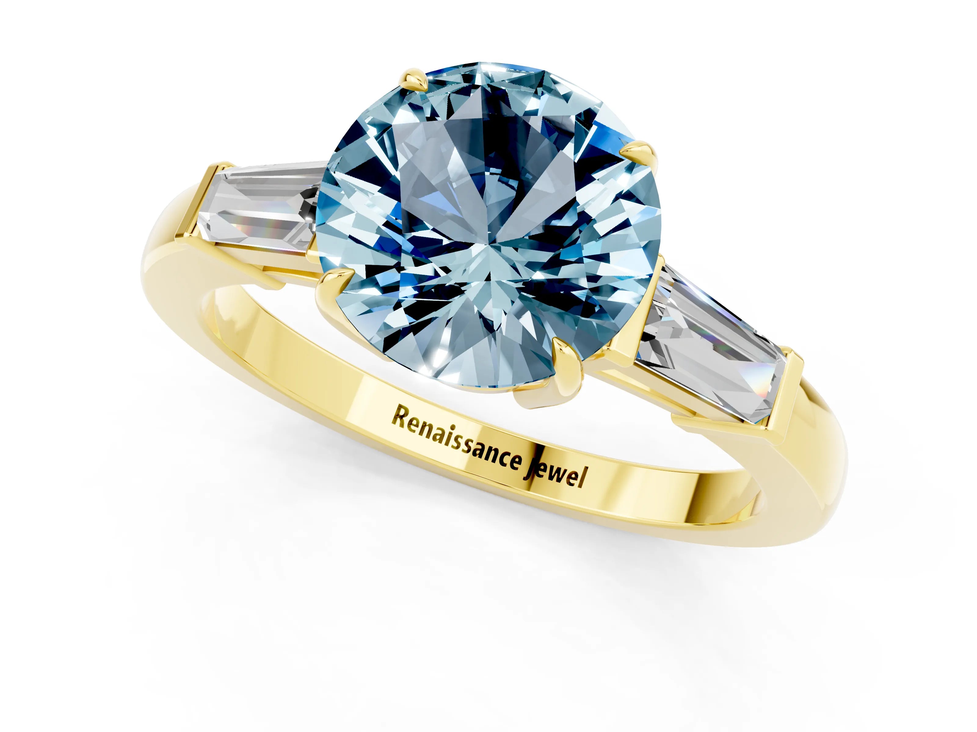 Yellow gold Round Cut Cut Diamond Ring with Tapered Baguette Side Stones in Four-Prong Setting_1
