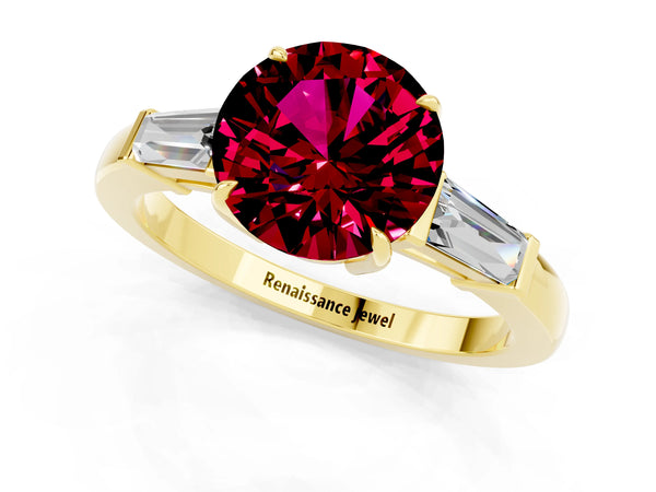 Yellow gold Round Cut Garnet Three-Stone Ring with Tapered Baguette Side Stones and Prong Setting