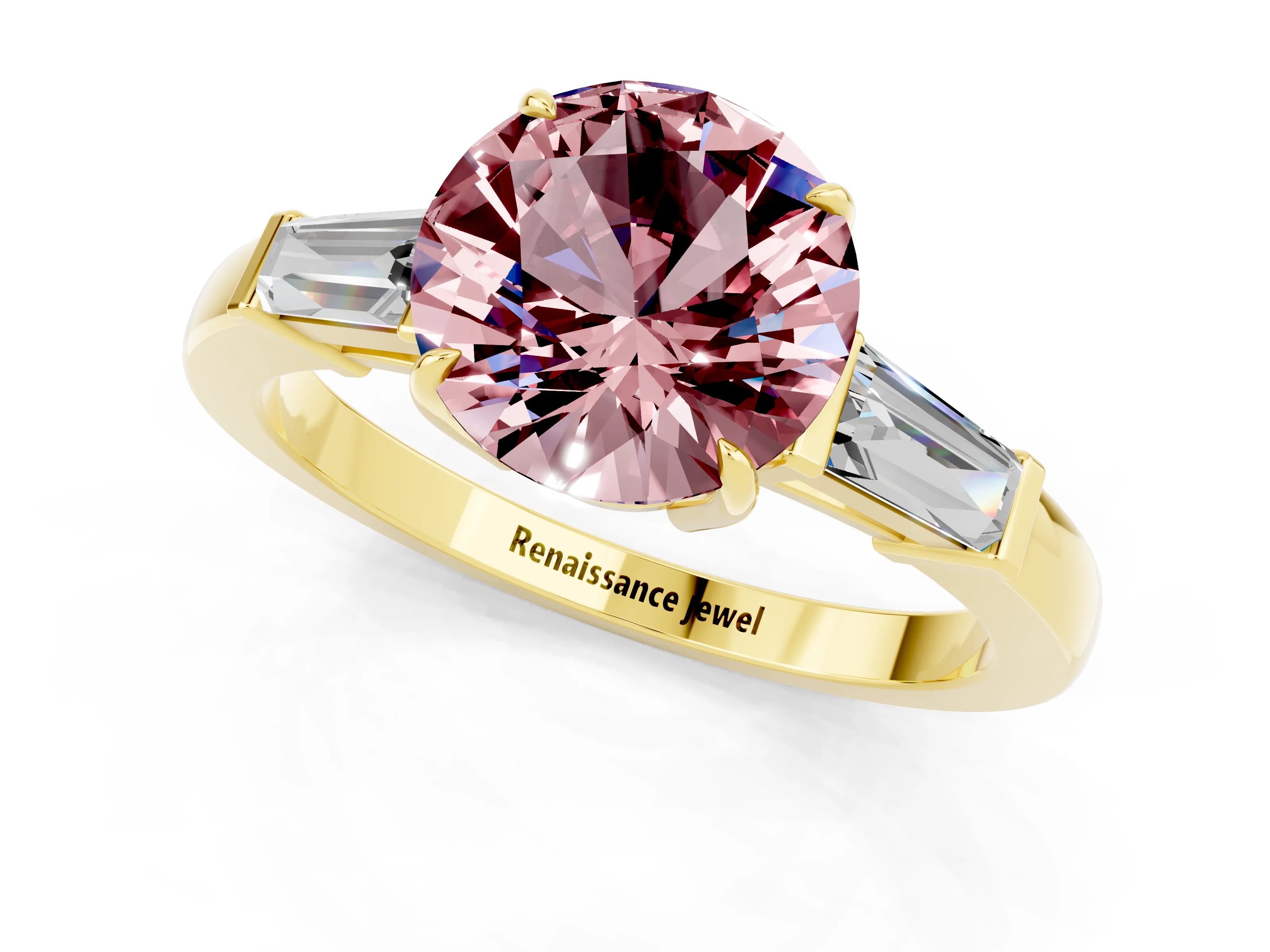 Yellow gold Round Cut Cut Diamond Ring with Tapered Baguette Side Stones in Four-Prong Setting_1