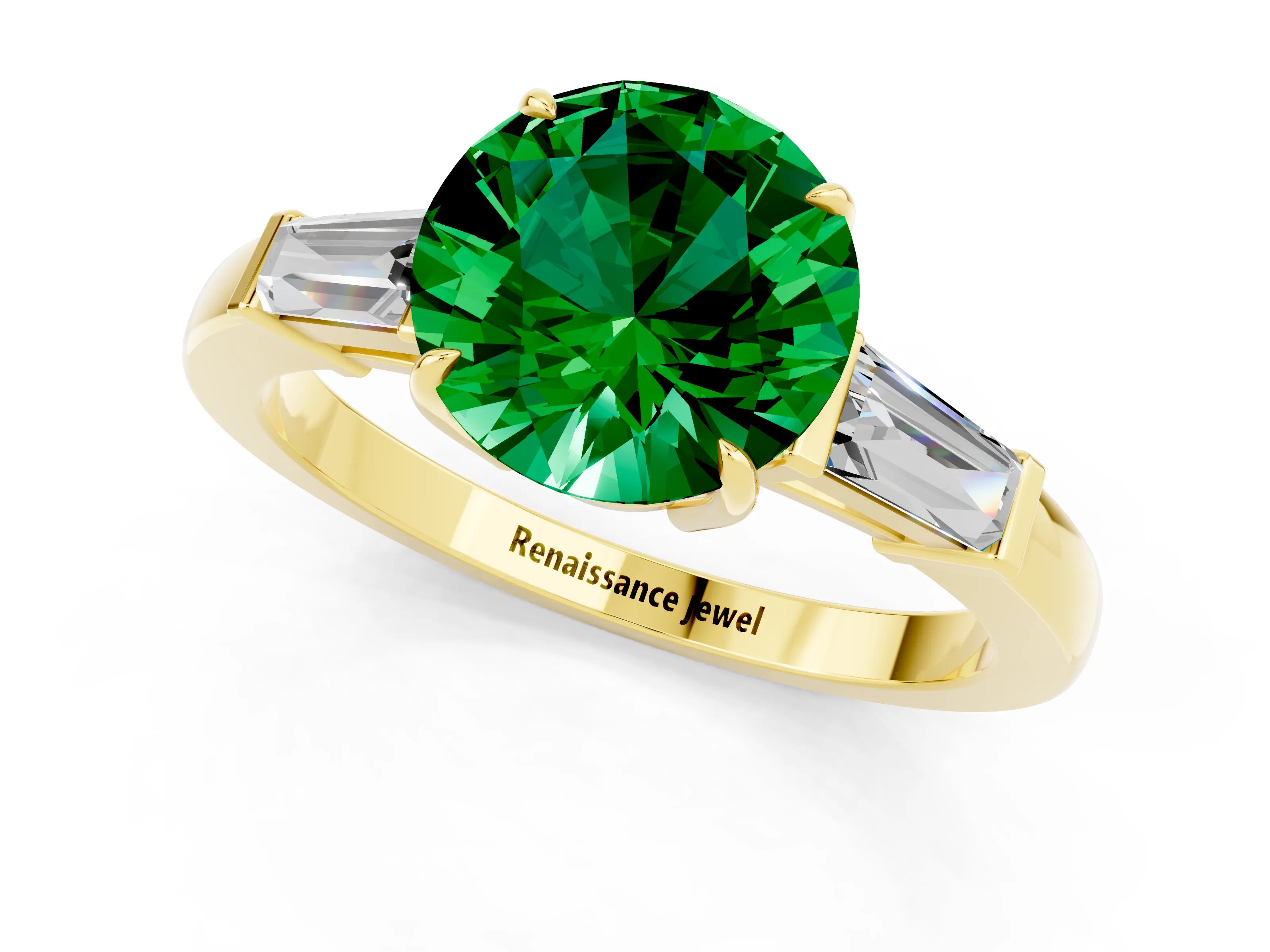 Yellow gold Round Cut Cut Diamond Ring with Tapered Baguette Side Stones in Four-Prong Setting_1