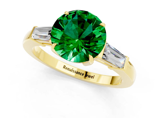 Yellow gold Round Cut Emerald Three-Stone Ring with Tapered Baguette Side Stones and Prong Setting