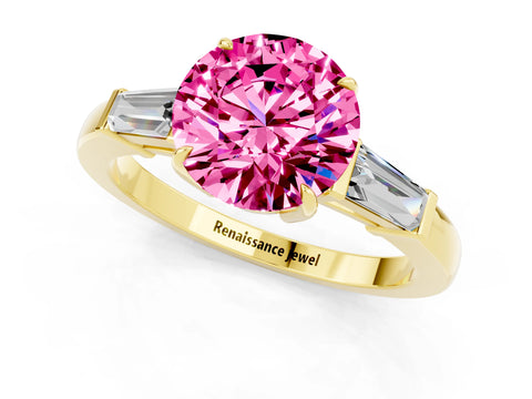 Yellow gold Round Cut Cut Diamond Ring with Tapered Baguette Side Stones in Four-Prong Setting_1