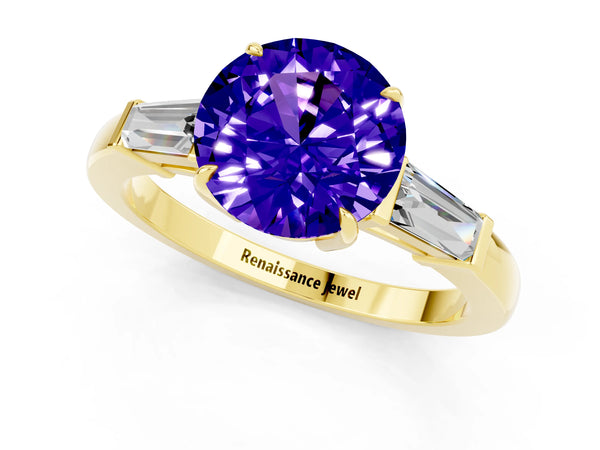 Yellow gold Round Cut Tanzanite Three-Stone Ring with Tapered Baguette Side Stones and Prong Setting