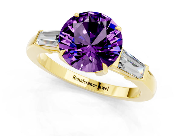 Yellow gold Round Cut Amethyst Three-Stone Ring with Tapered Baguette Side Stones and Prong Setting