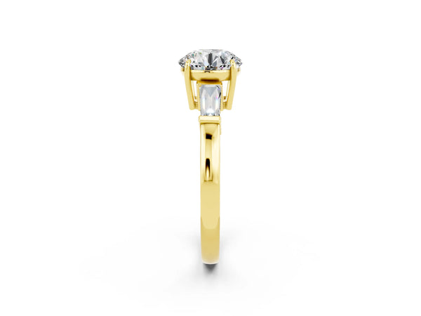 Yellow gold Round Cut Moissanite Three-Stone Ring with Tapered Baguette Side Stones and Prong Setting