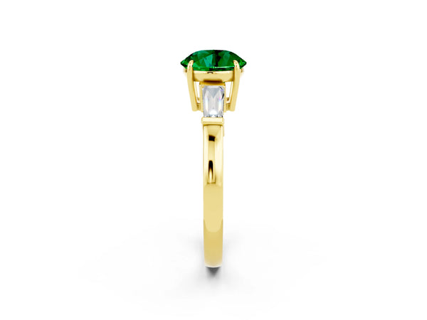 Yellow gold Round Cut Emerald Three-Stone Ring with Tapered Baguette Side Stones and Prong Setting