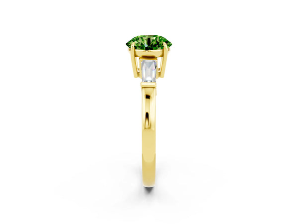 Yellow gold Round Cut Cut Diamond Ring with Tapered Baguette Side Stones in Four-Prong Setting