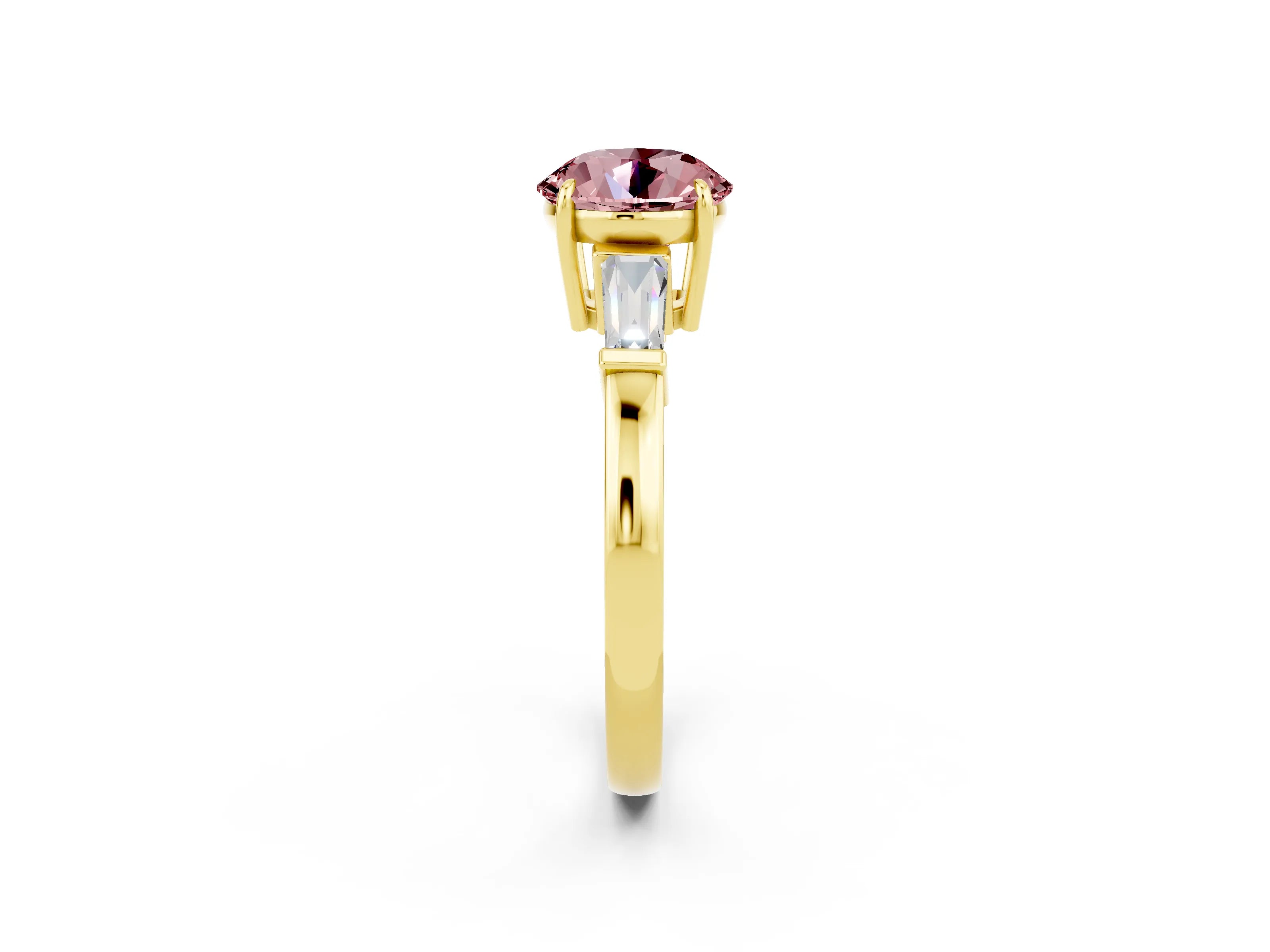 Yellow gold Round Cut Cut Diamond Ring with Tapered Baguette Side Stones in Four-Prong Setting_2