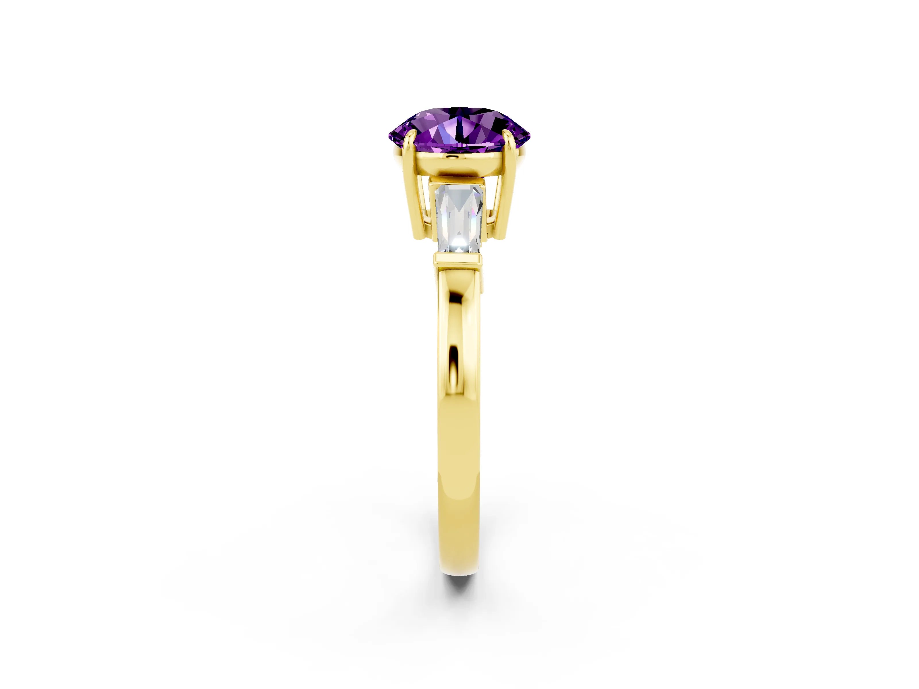 Yellow gold Round Cut Cut Diamond Ring with Tapered Baguette Side Stones in Four-Prong Setting_2