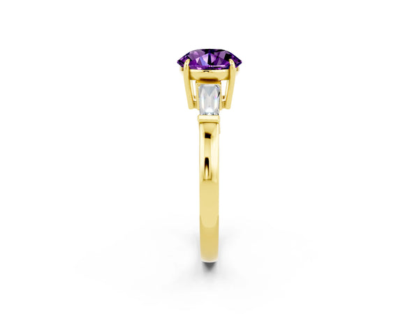 Yellow gold Round Cut Amethyst Three-Stone Ring with Tapered Baguette Side Stones and Prong Setting