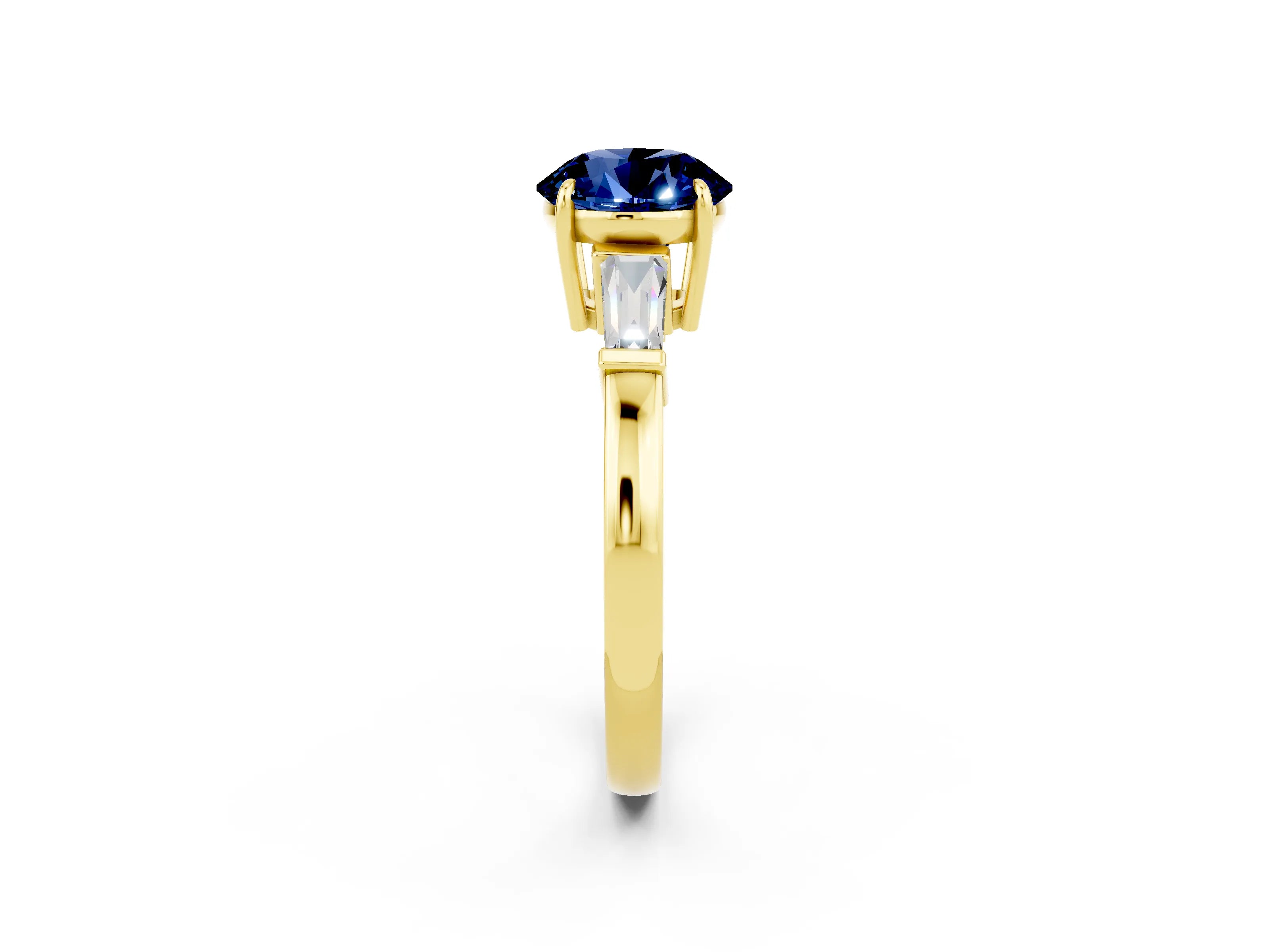 Yellow gold Round Cut Cut Diamond Ring with Tapered Baguette Side Stones in Four-Prong Setting_2