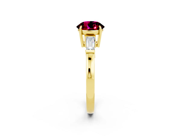 Yellow gold Round Cut Garnet Three-Stone Ring with Tapered Baguette Side Stones and Prong Setting