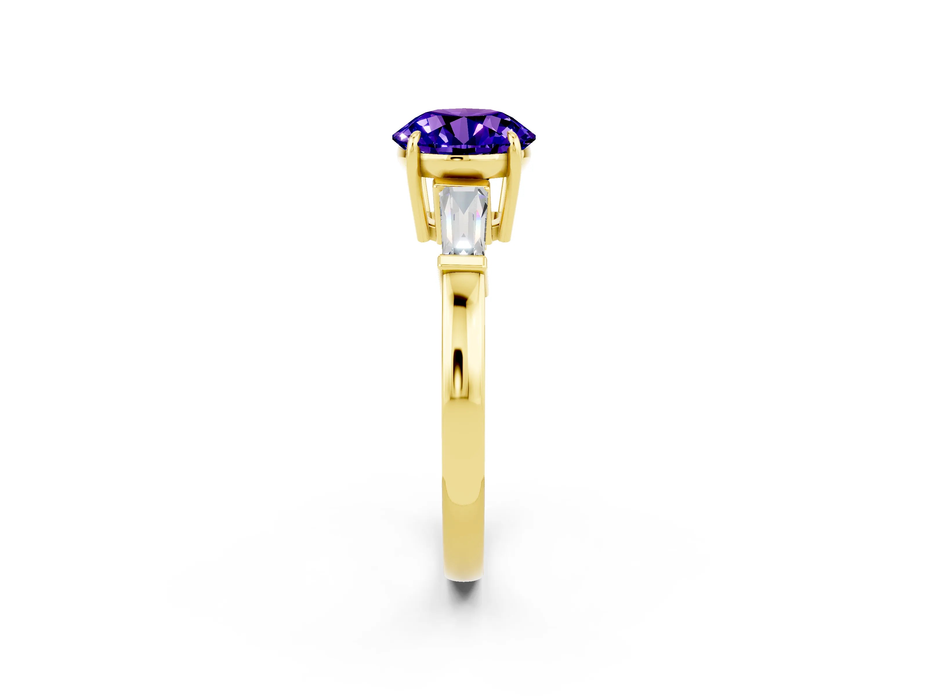 Yellow gold Round Cut Cut Diamond Ring with Tapered Baguette Side Stones in Four-Prong Setting_2