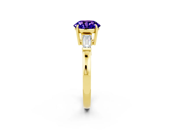 Yellow gold Round Cut Tanzanite Three-Stone Ring with Tapered Baguette Side Stones and Prong Setting