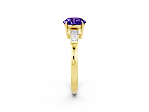 Yellow gold Round Cut Cut Diamond Ring with Tapered Baguette Side Stones in Four-Prong Setting_2