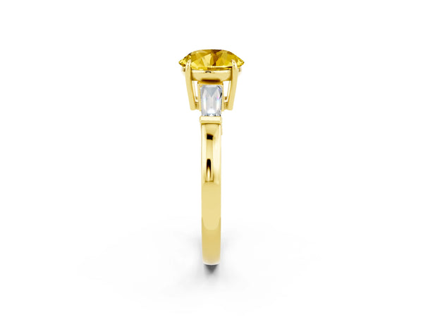 Yellow gold Round Cut Yellow Sapphire Three-Stone Ring with Tapered Baguette Side Stones and Prong Setting