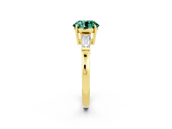 Yellow gold Round Cut Green Sapphire Three-Stone Ring with Tapered Baguette Side Stones and Prong Setting
