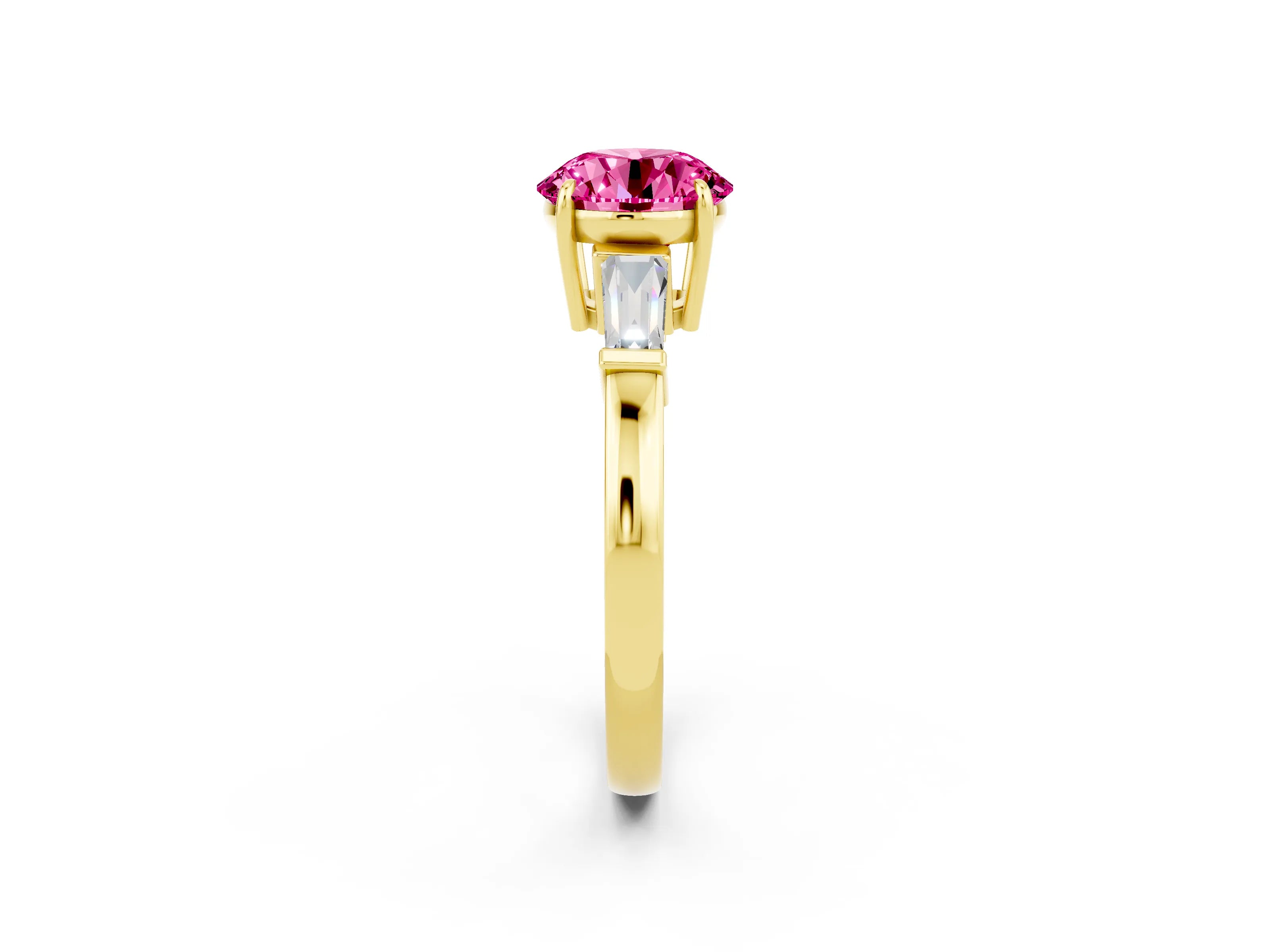 Yellow gold Round Cut Cut Diamond Ring with Tapered Baguette Side Stones in Four-Prong Setting_2