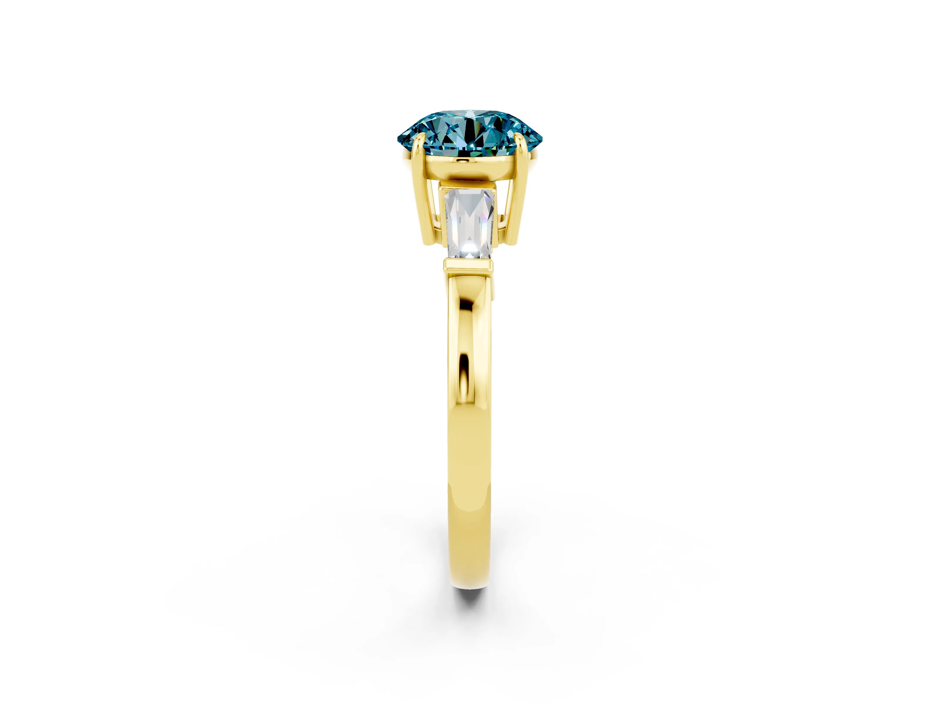 Yellow gold Round Cut Cut Diamond Ring with Tapered Baguette Side Stones in Four-Prong Setting_2