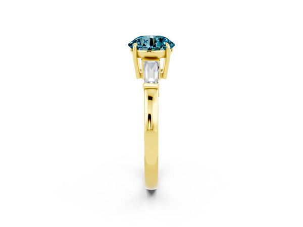 Yellow gold Round Cut Cut Diamond Ring with Tapered Baguette Side Stones in Four-Prong Setting
