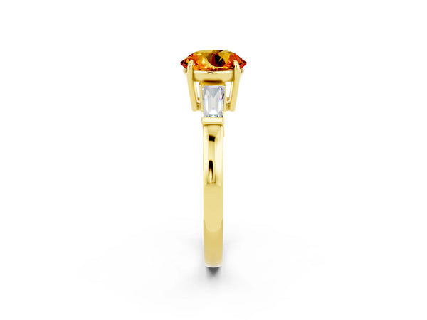 Yellow gold Round Cut Citrine Three-Stone Ring with Tapered Baguette Side Stones and Prong Setting
