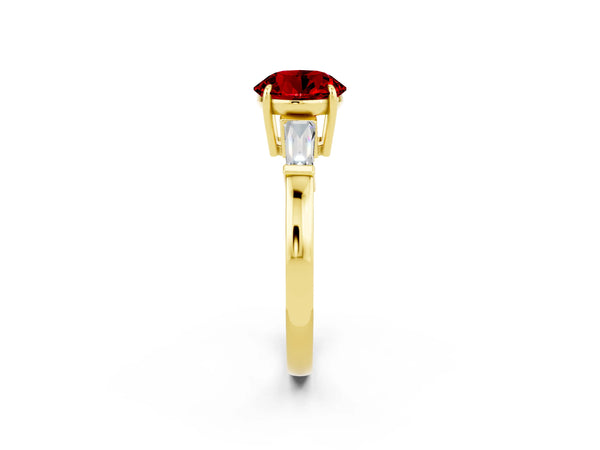 Yellow gold Round Cut Cut Diamond Ring with Tapered Baguette Side Stones in Four-Prong Setting