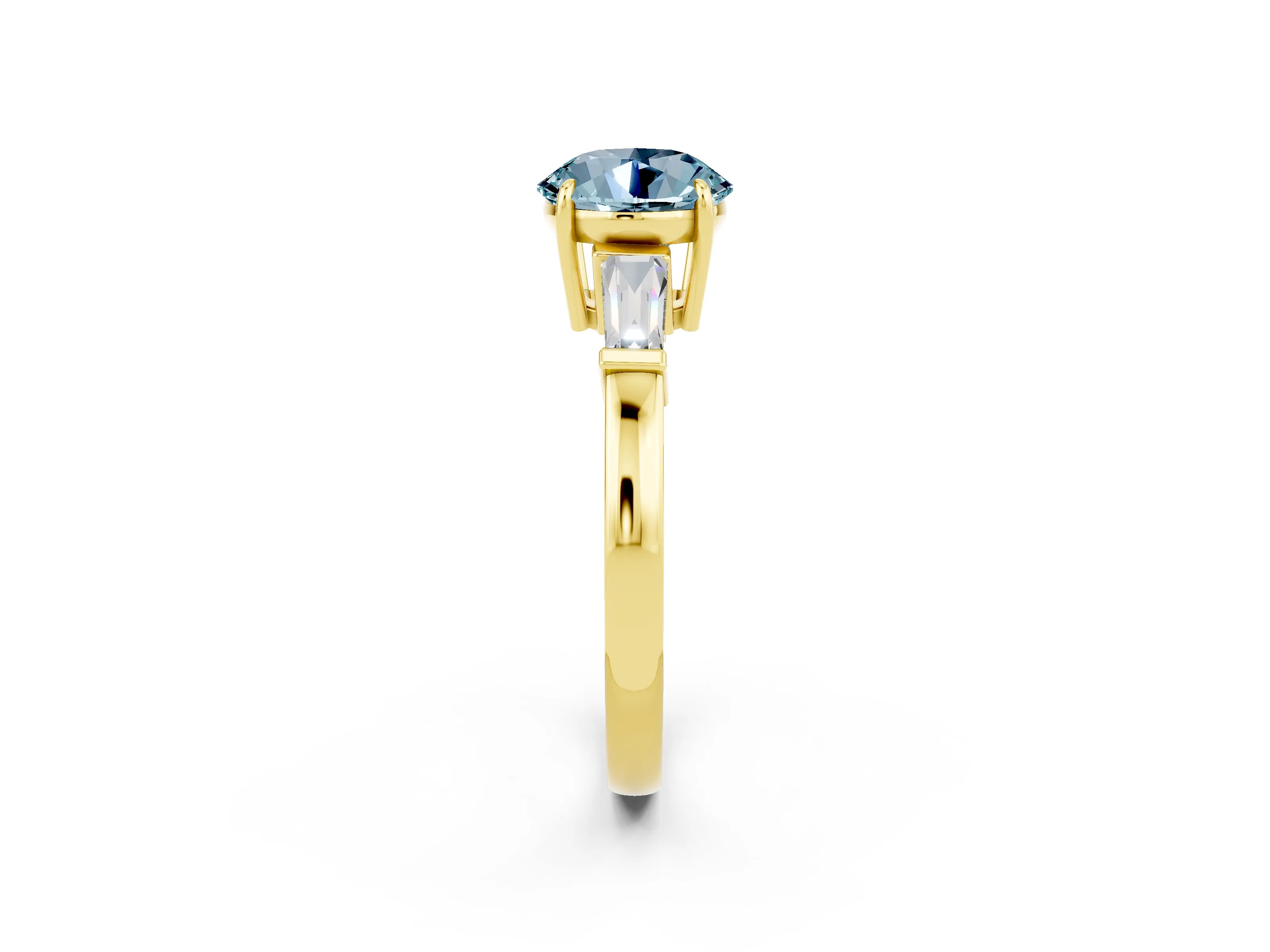 Yellow gold Round Cut Cut Diamond Ring with Tapered Baguette Side Stones in Four-Prong Setting_2