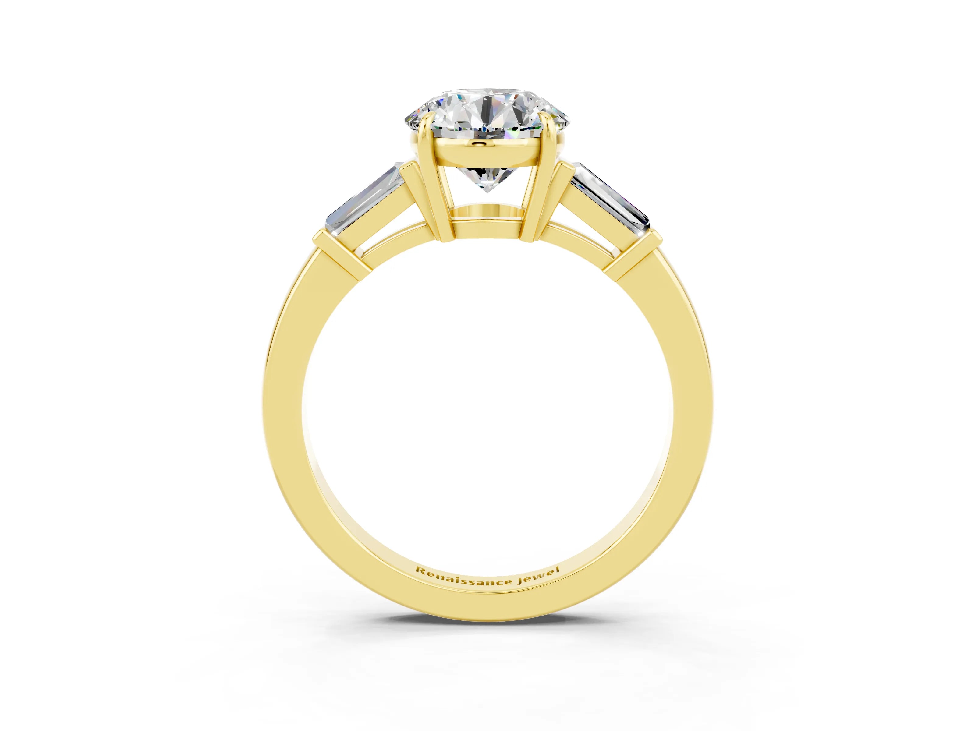 Yellow gold Round Cut Cut Diamond Ring with Tapered Baguette Side Stones in Four-Prong Setting_3