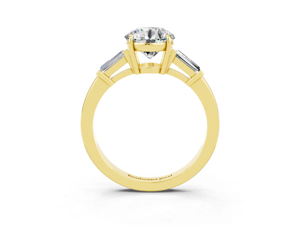 Yellow gold Round Cut Moissanite Three-Stone Ring with Tapered Baguette Side Stones and Prong Setting