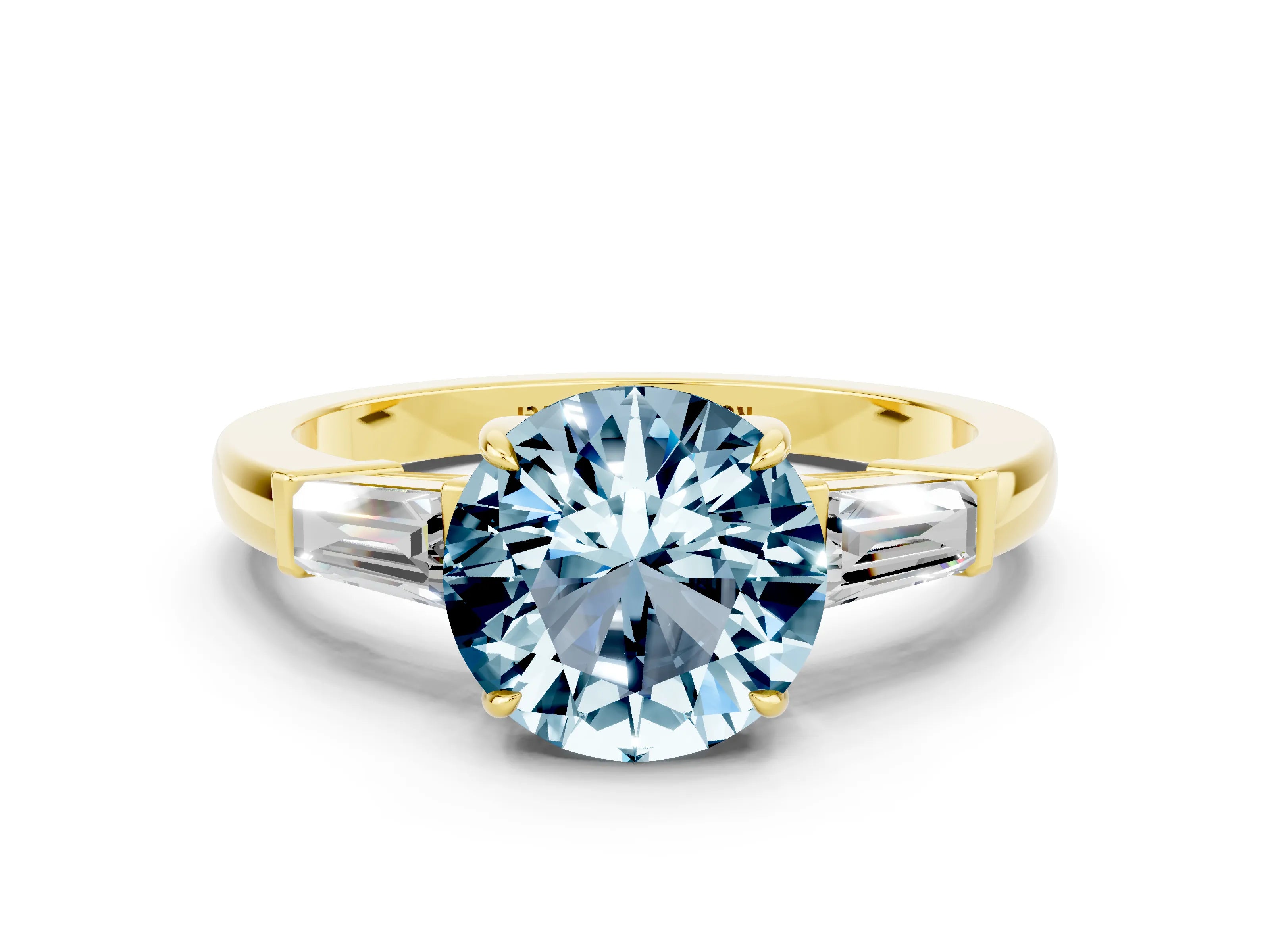Yellow gold Round Cut Cut Diamond Ring with Tapered Baguette Side Stones in Four-Prong Setting