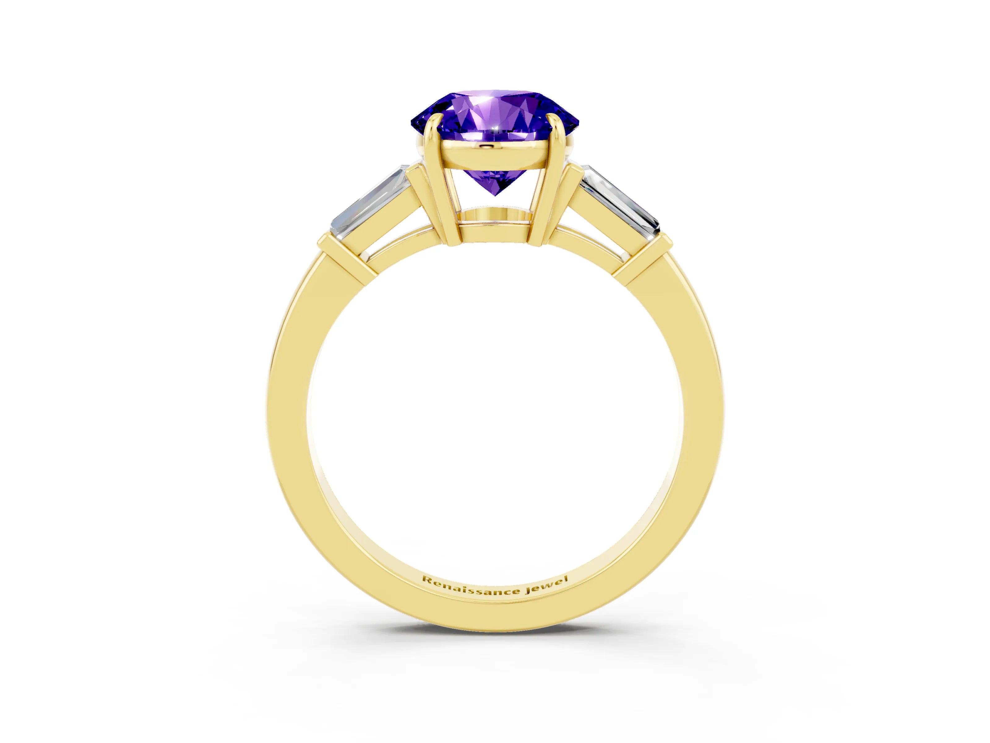 Yellow gold Round Cut Cut Diamond Ring with Tapered Baguette Side Stones in Four-Prong Setting_3