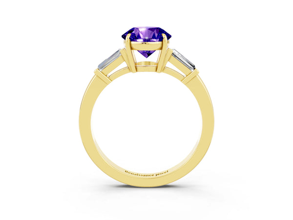 Yellow gold Round Cut Tanzanite Three-Stone Ring with Tapered Baguette Side Stones and Prong Setting
