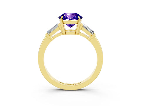Yellow gold Round Cut Cut Diamond Ring with Tapered Baguette Side Stones in Four-Prong Setting_3
