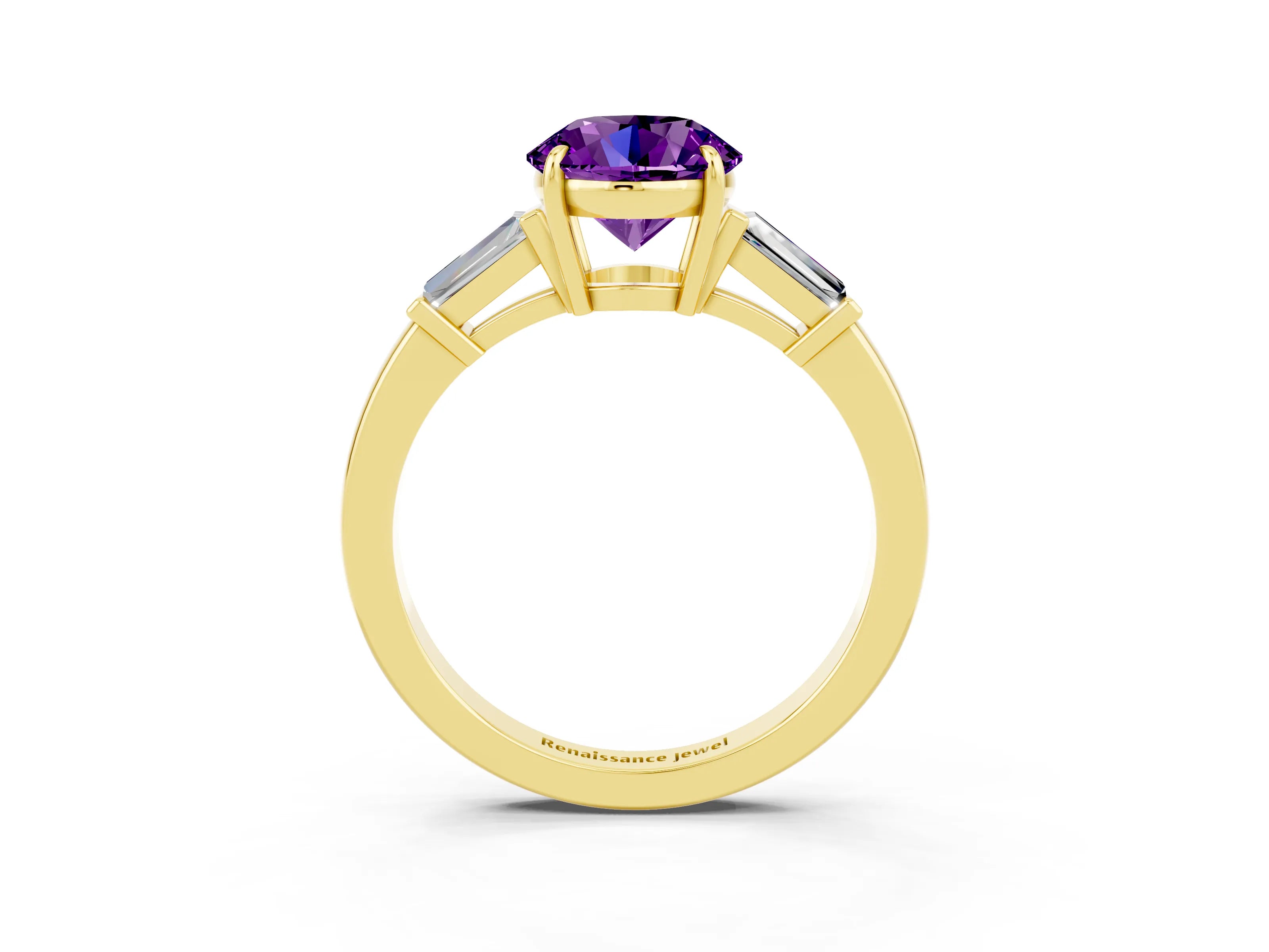 Yellow gold Round Cut Cut Diamond Ring with Tapered Baguette Side Stones in Four-Prong Setting_3
