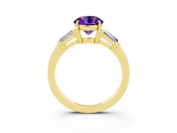 Yellow gold Round Cut Amethyst Three-Stone Ring with Tapered Baguette Side Stones and Prong Setting