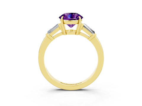 Yellow gold Round Cut Cut Diamond Ring with Tapered Baguette Side Stones in Four-Prong Setting_3