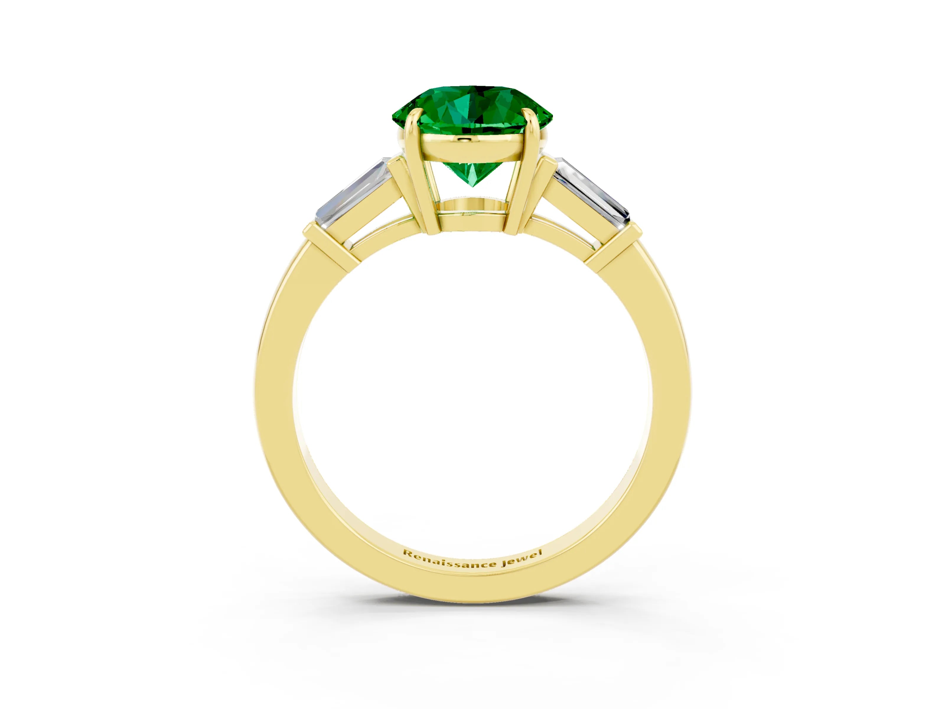 Yellow gold Round Cut Cut Diamond Ring with Tapered Baguette Side Stones in Four-Prong Setting_3