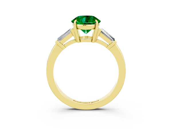Yellow gold Round Cut Emerald Three-Stone Ring with Tapered Baguette Side Stones and Prong Setting